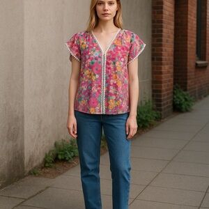 Kate Spade Floral Burnout Top | V-Neck Lace Trim Multicolor Size M